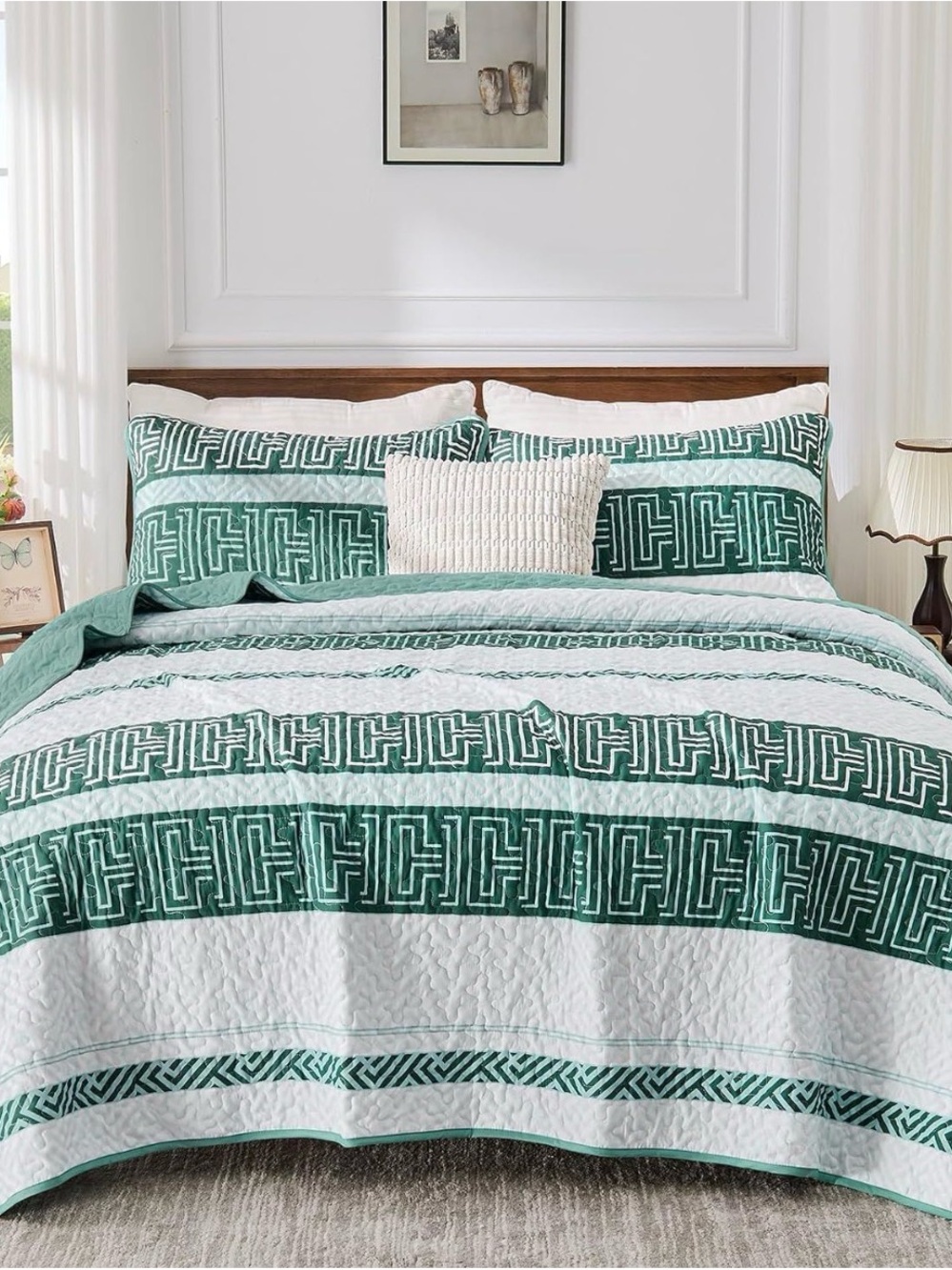 Green and White Geometric Quilt Set - Home Bedding